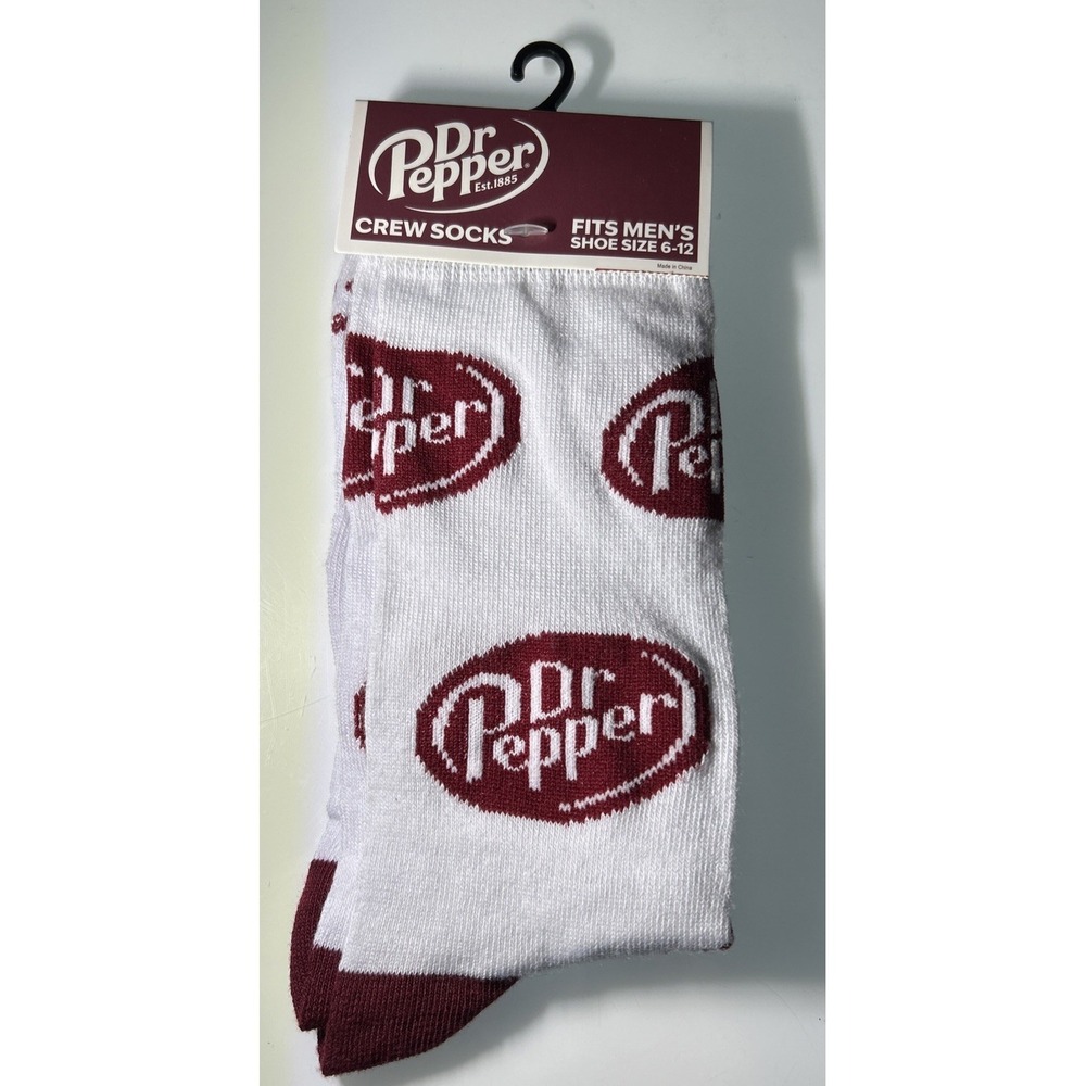 Dr Pepper Adult Mens Size 6-12 White Red Graphic Novelty Crew Socks 1 Pack